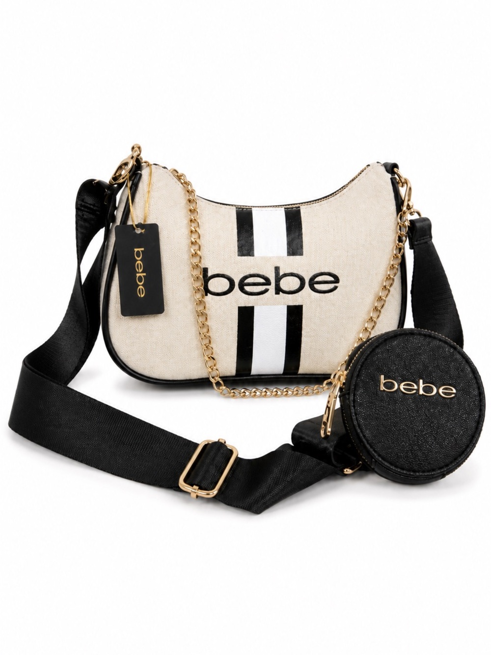 Bebe Canvas Crossbody Bag with Black & White Stripe Logo and Coin Pouch NWT